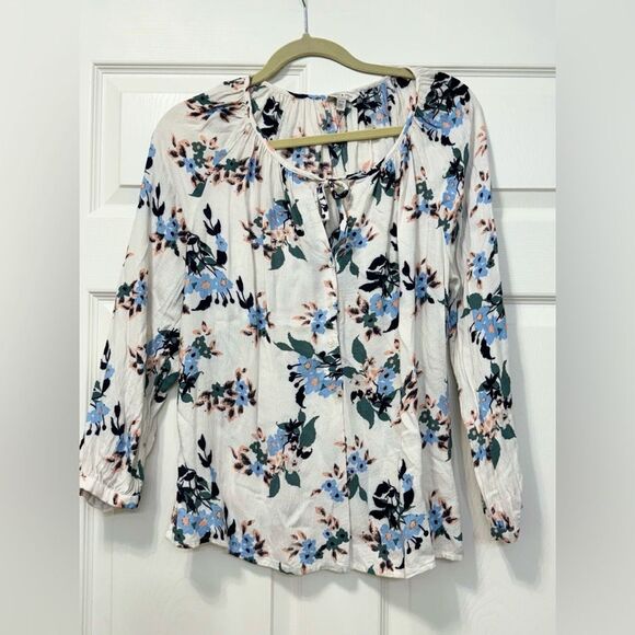 EUC Lucky Brand Floral White Button Down Blouse Shirt Women's Sz M - Picture 1 of 8